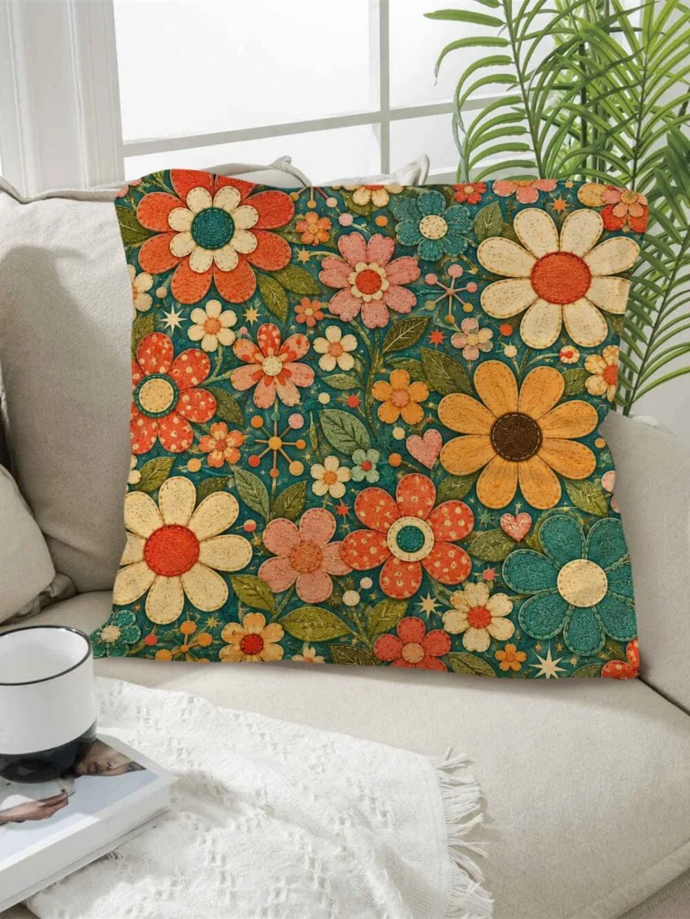 Retro Flower Pillow, 18x18 100% Polyester Faux Linen with Insert